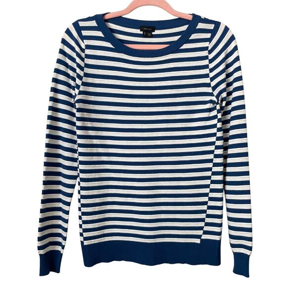 Theory Sweater Womens Small White Blue Striped Crewneck Cotton Knit Preppy - Picture 1 of 11